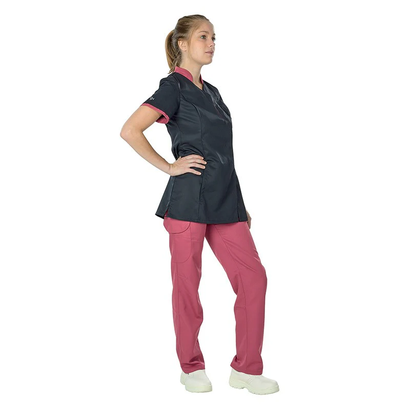 Blouse Médicale Femme Lin Cintrée Noir et Rose Cassis - LAFONT SANTE - Image 5
