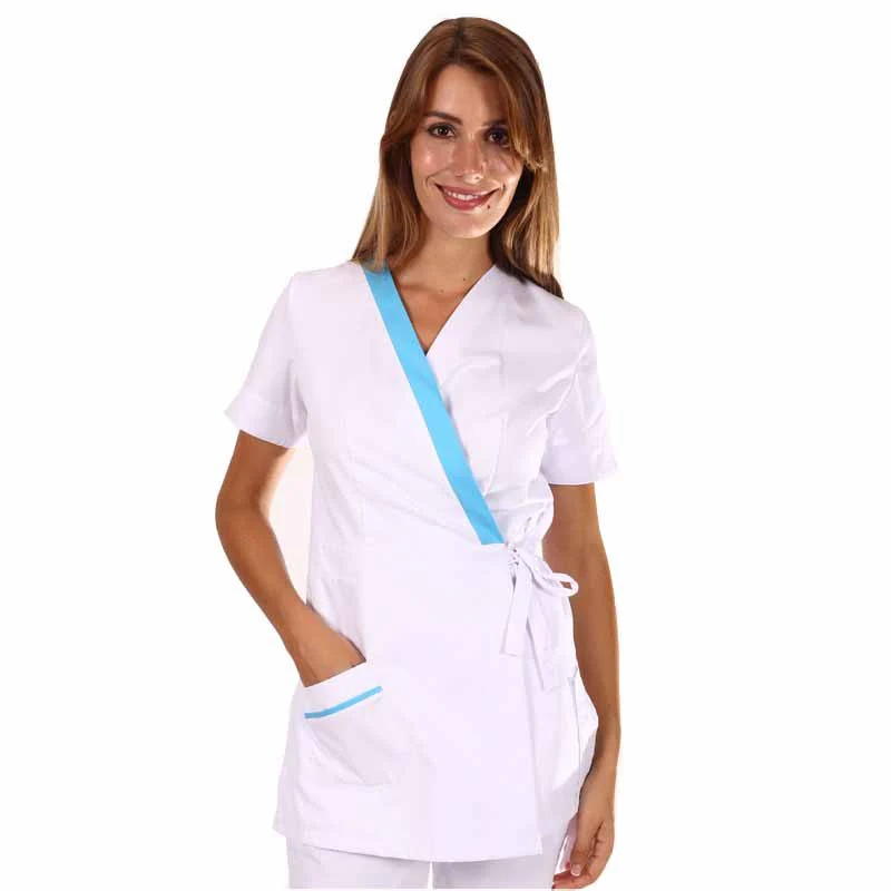 Blouse Esthéticienne Cache-cœur Blanche et Bleue Inès - MANELLI