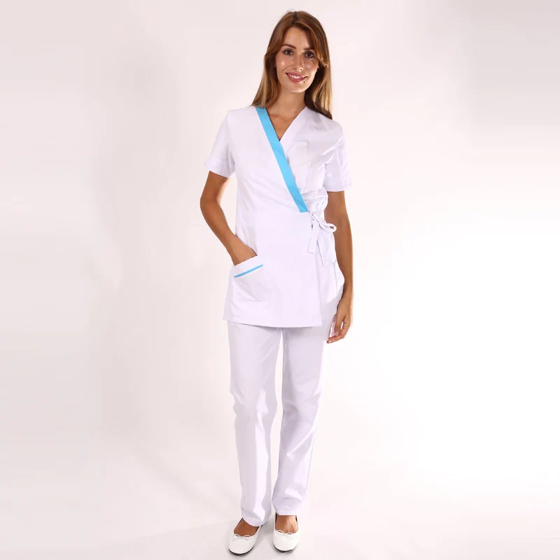Blouse Esthéticienne Cache-cœur Blanche et Bleue Inès - MANELLI - Image 4