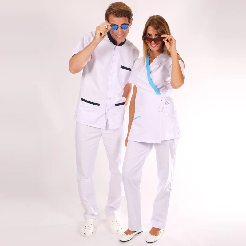 Blouse Esthéticienne Cache-cœur Blanche et Bleue Inès - MANELLI - Image 5