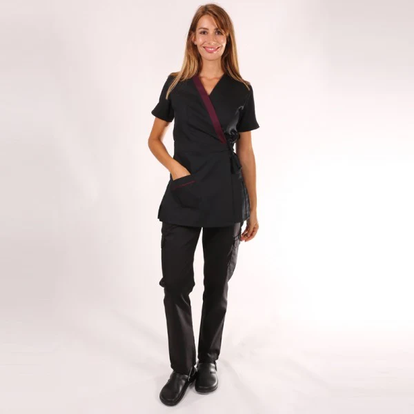 Blouse Esthéticienne Femme Noir et Prune Col Cache-Cœur - MANELLI - Image 4
