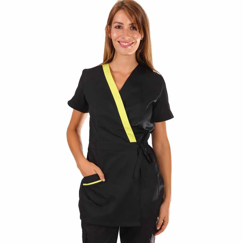 Blouse Esthéticienne Femme Noir et Vert Anis Modèle Inès - MANELLI