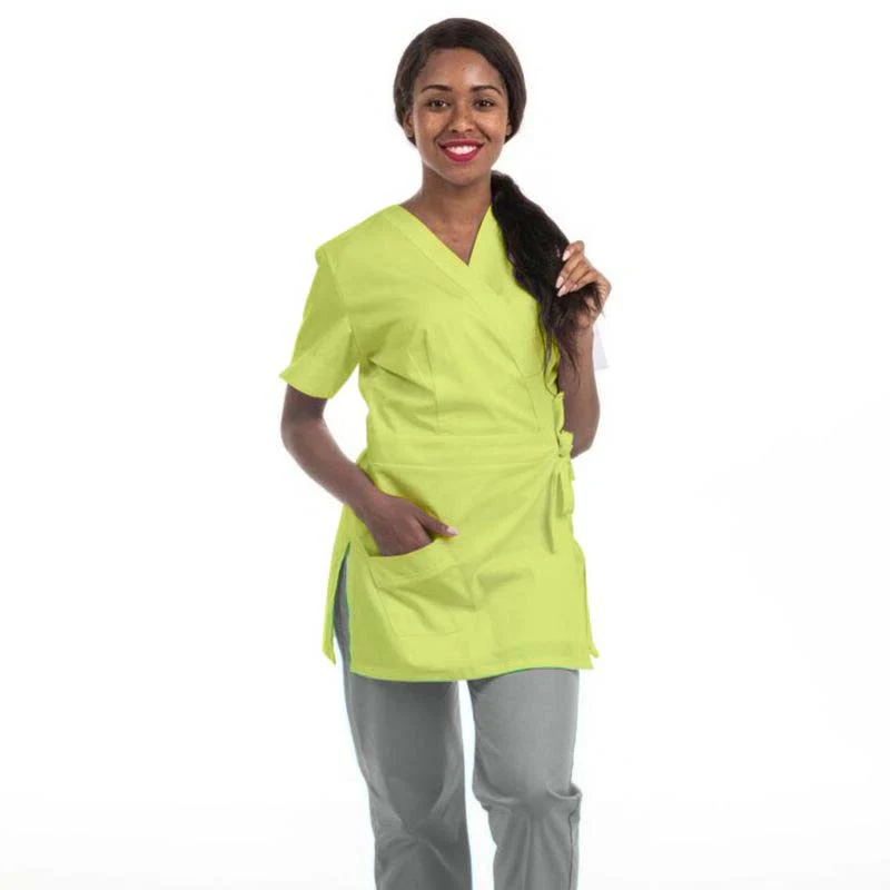 Blouse Esthéticienne Longue Cache-Cœur Anis Lavable à 60° - MANELLI