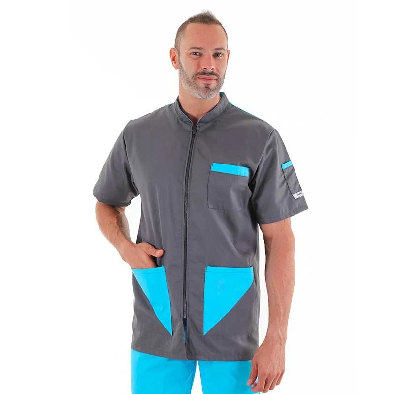Blouse Médicale Homme Manches Courtes Sacha Gris et Vert Anis - MANELLI - Image 4
