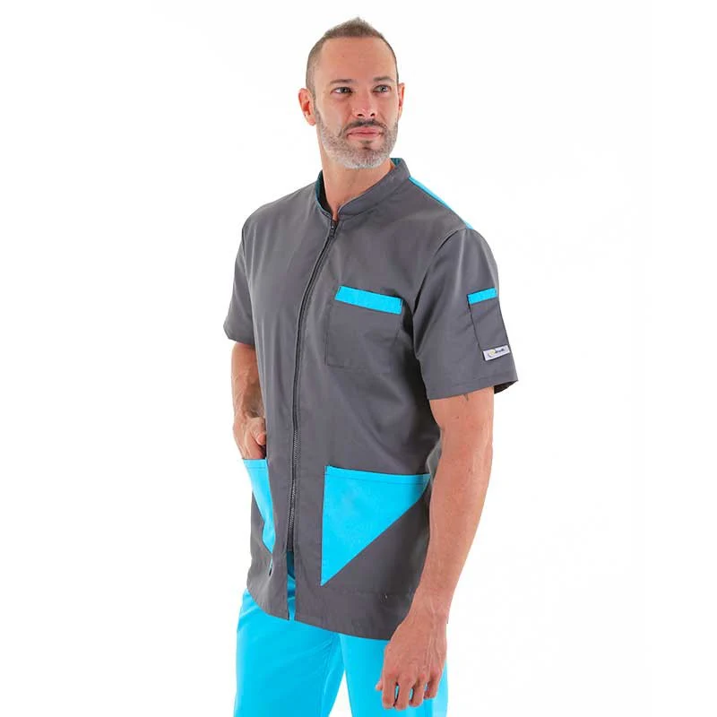 Blouse Médicale Homme Manches Courtes Gris Bleu Turquoise Modèle Sacha - MANELLI - Image 2