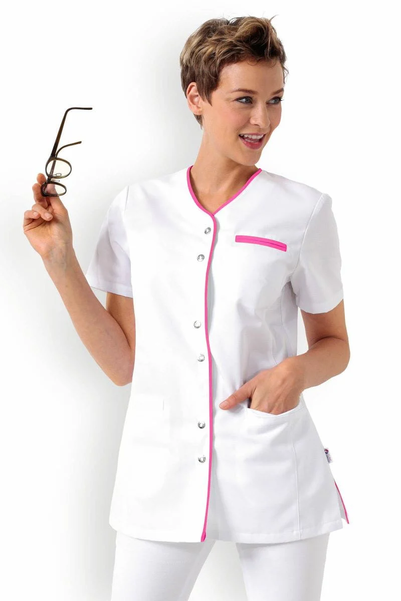 Blouse Médicale Femme Manches Courtes Blanc Liseré Rose - CLINIC DRESS