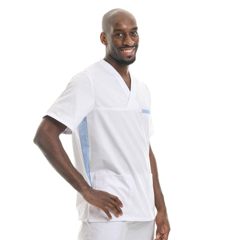 Blouse Médicale Unisexe Manches Courtes Blanc et Bleu Ciel - MANELLI - Image 2