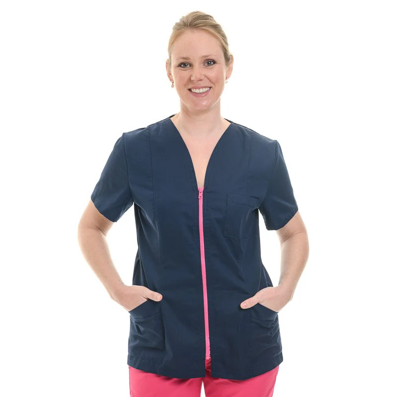 Blouse Médicale Femme Manches Courtes Bleu avec Fermeture Eclair Colorée - MANELLI - Image 4