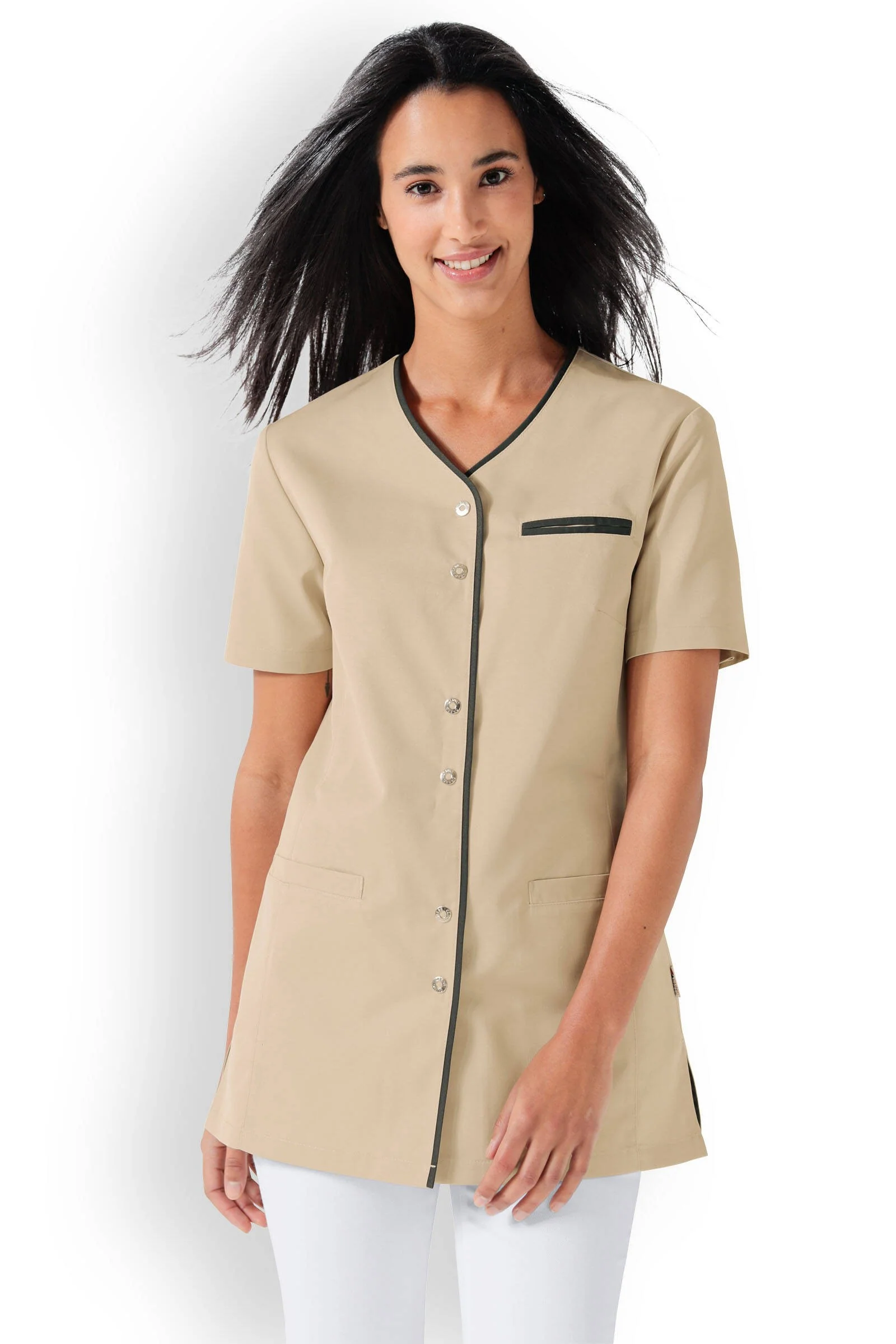 Blouse Médicale et Esthétique Femme Beige Liseré Gris - CLINIC DRESS