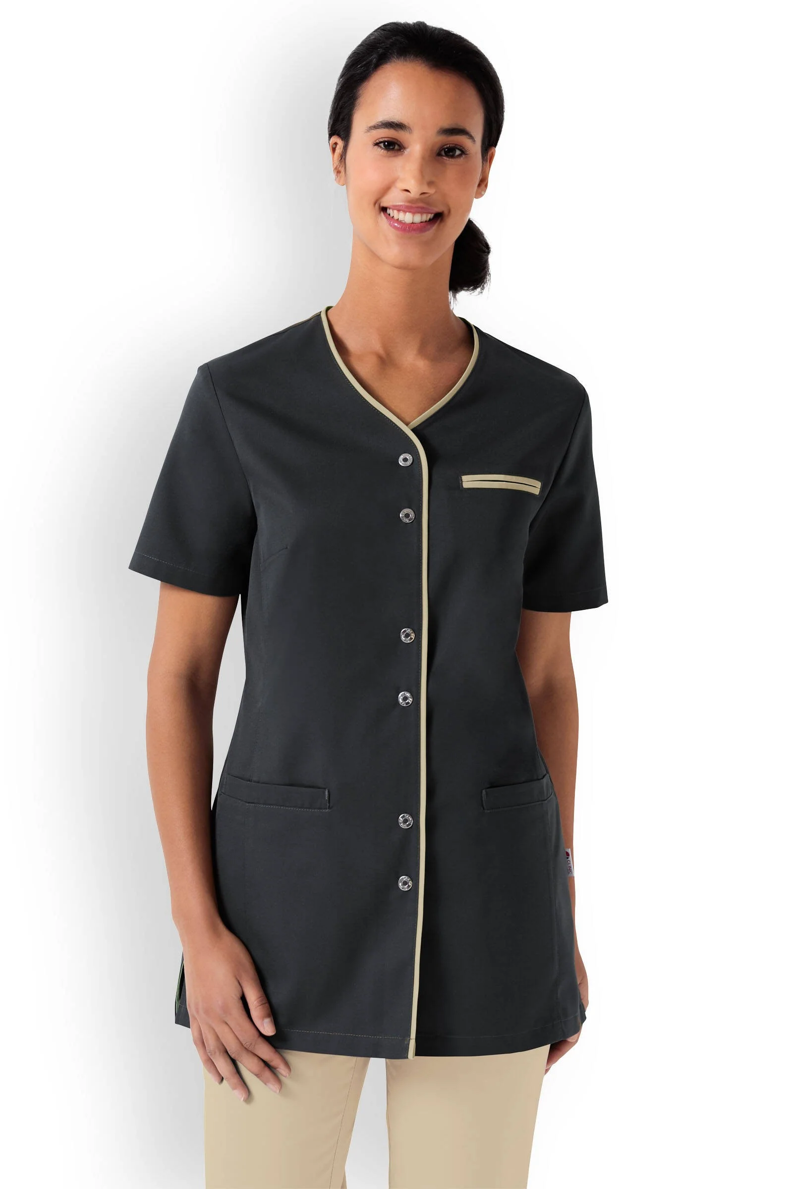 Blouse Médicale et Esthétique Femme Beige Liseré Gris - CLINIC DRESS - Image 4