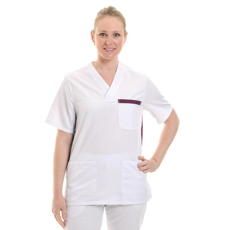 Blouse Médicale Femme Blanc avec Détails Prune - MANELLI