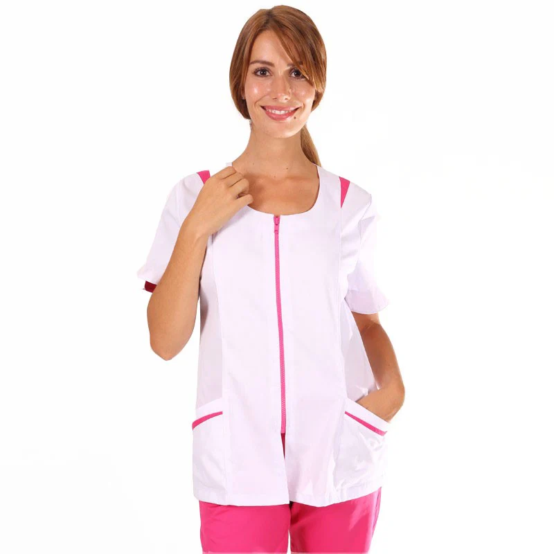 Blouse Médicale Femme Manches Courtes Blanche et Rose Modèle Johana - MANELLI
