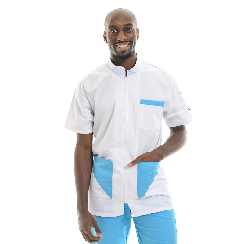 Blouse Médicale Homme Manches Courtes Blanc et Bleu Turquoise - MANELLI