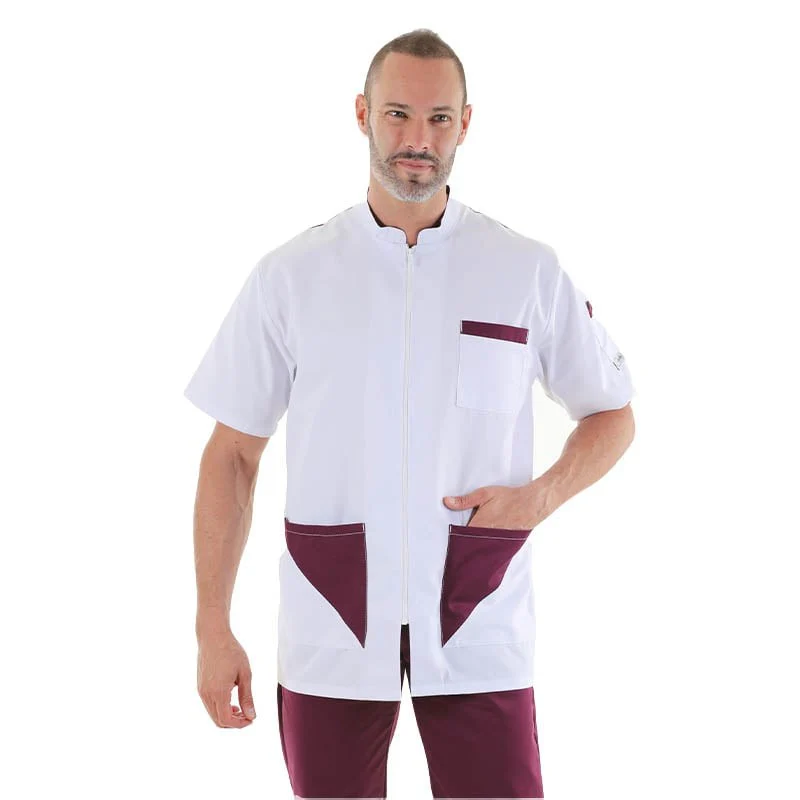 Blouse Médicale Homme Sacha Blanc et Prune Lavable à 60° - MANELLI