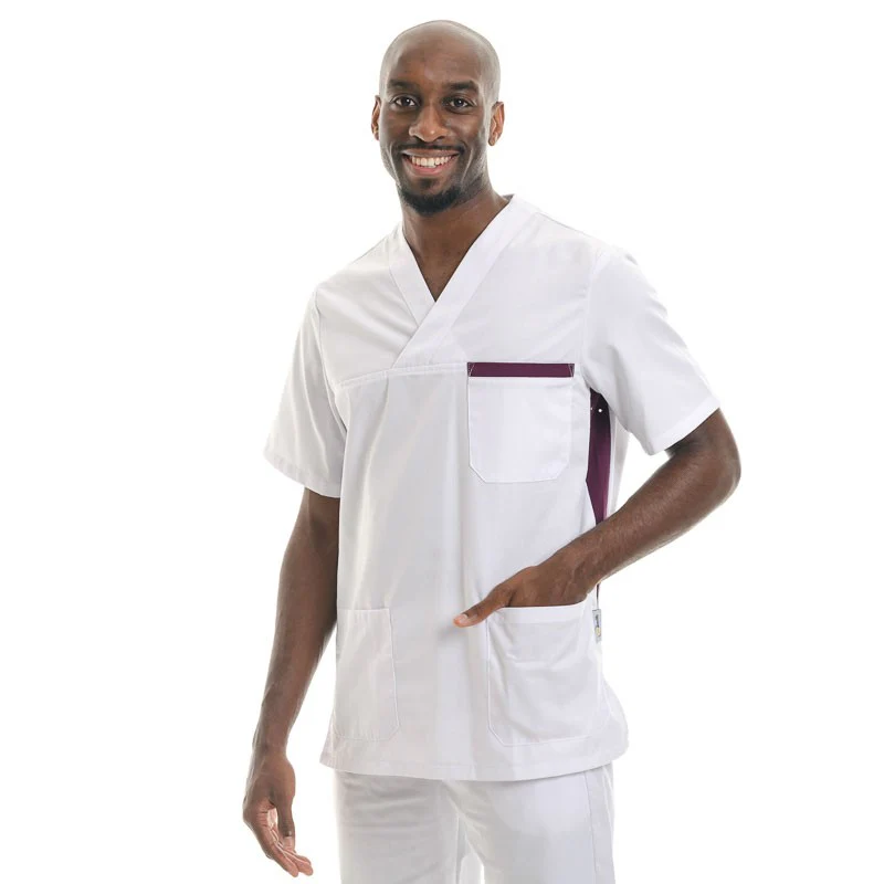 Blouse Médicale Homme Manches Courtes Blanc et Prune - MANELLI - Image 2