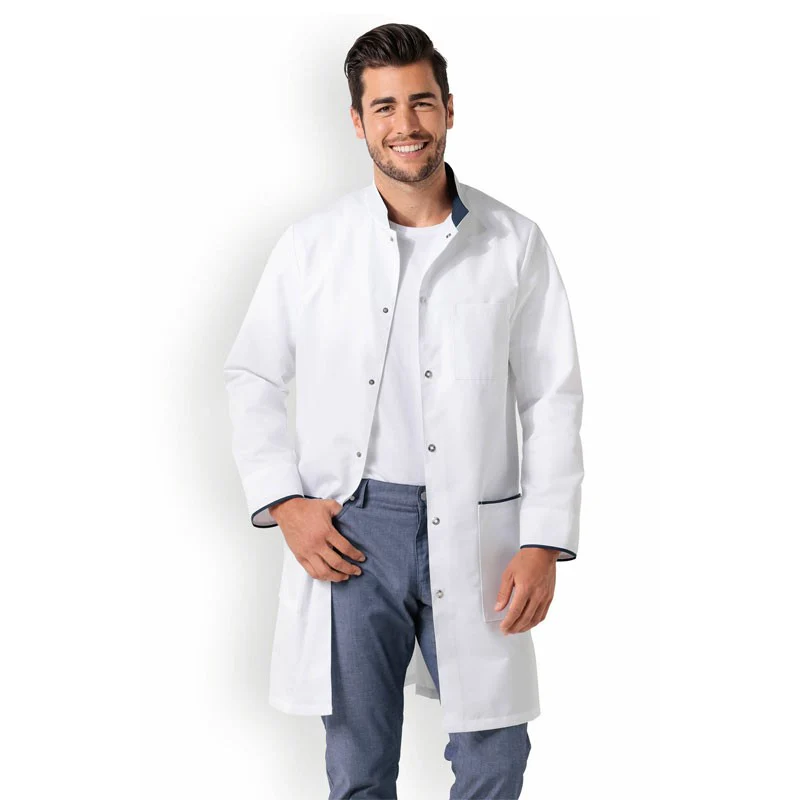Blouse Médicale Homme Manches Longues Blanche et Détails Bleu Navy - CLINIC DRESS