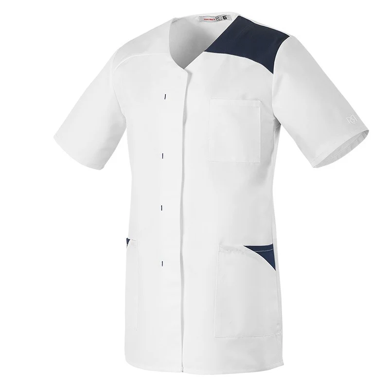 Blouse Médicale Unisexe Manches Courtes Flavie Blanc et Bleu - ROBUR