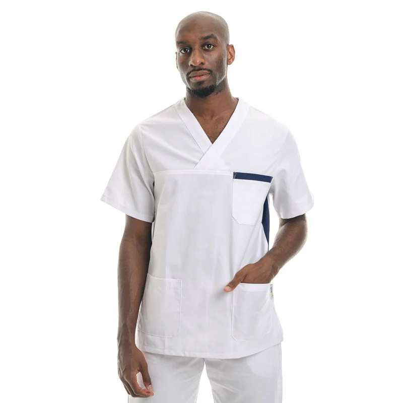Blouse Médicale Unisexe Blanche et Bleu Marine Lavable à 60° - MANELLI - Image 2