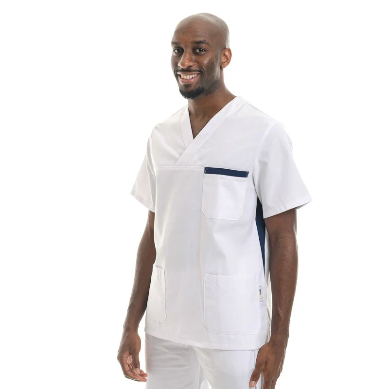 Blouse Médicale Unisexe Blanche et Bleu Marine Lavable à 60° - MANELLI - Image 4