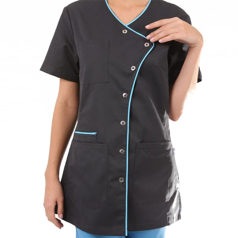 Blouse Médicale Femme Manches Courtes Liseré Bleu - CLINIC DRESS - Image 2