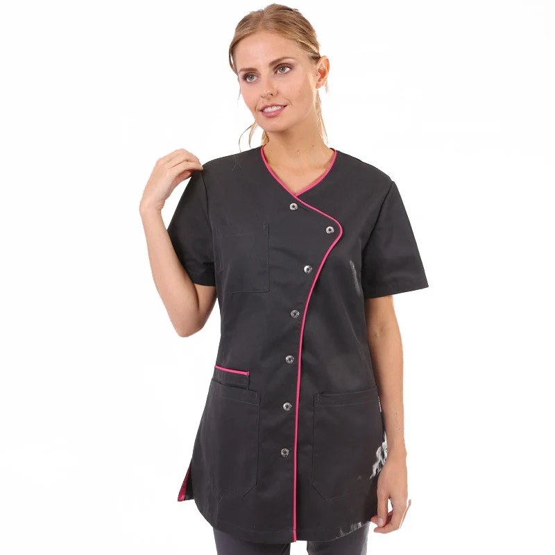 Blouse Médicale Femme Manches Courtes Liseré Bleu - CLINIC DRESS - Image 4