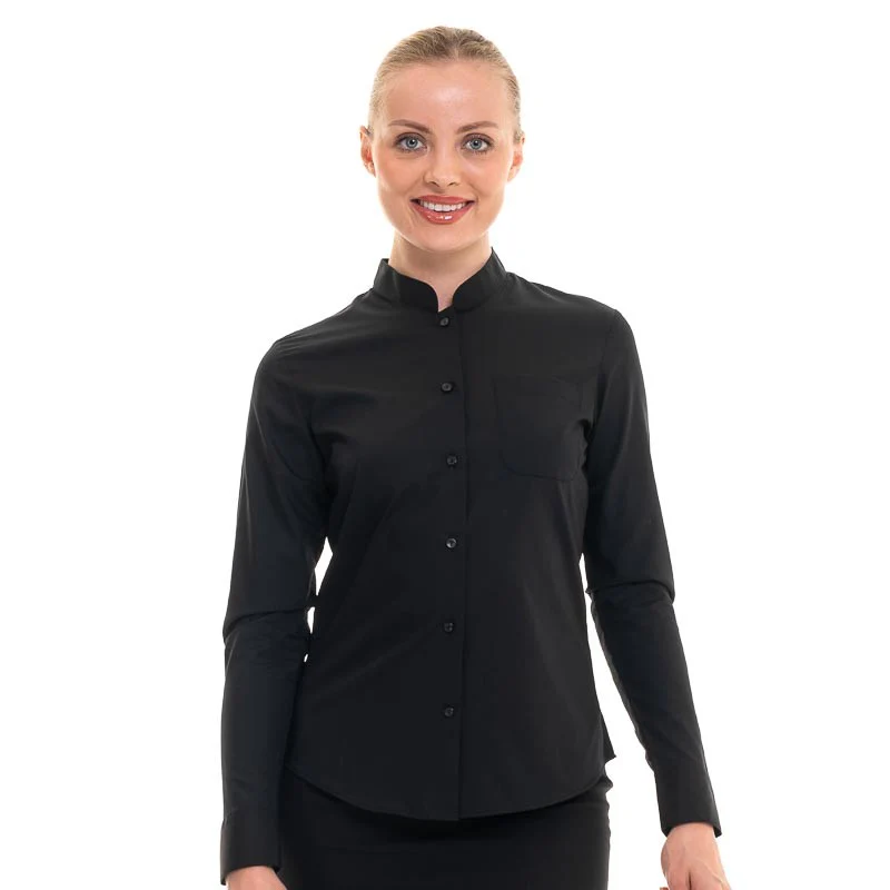 Chemisier de Service Femme Col Mao Noir Manches Longues - KARIBAN