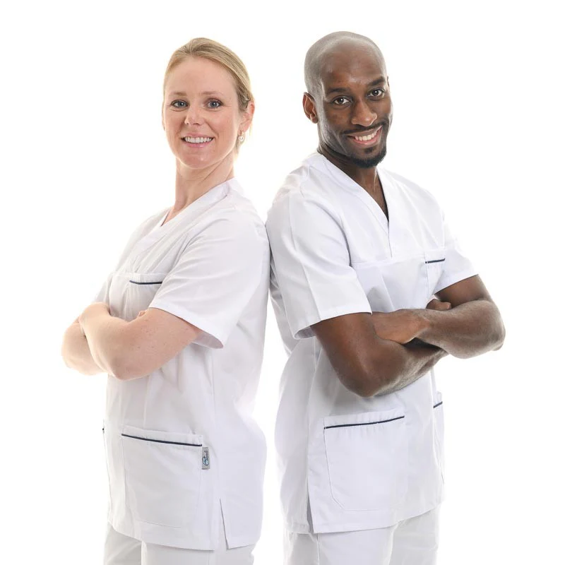 Tunique Médicale Unisexe Blanche Liseré Bleu Marine - MANELLI