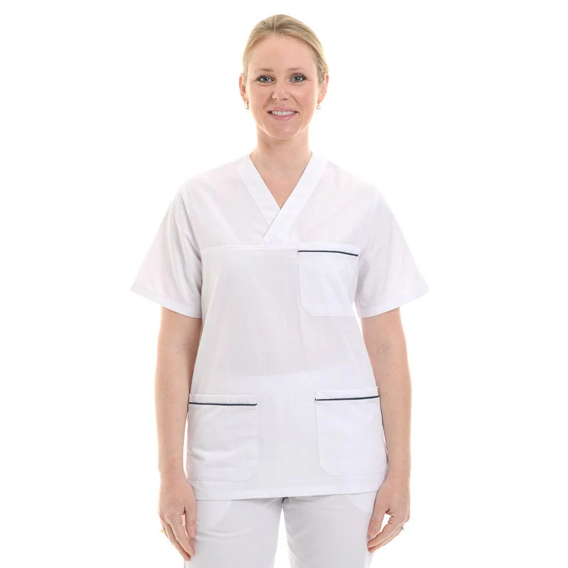 Tunique Médicale Unisexe Blanche Liseré Bleu Marine - MANELLI - Image 2