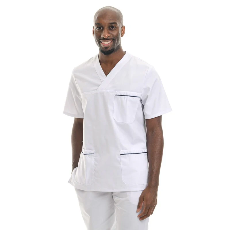Tunique Médicale Unisexe Blanche Liseré Bleu Marine - MANELLI - Image 5