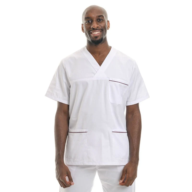 Tunique Médicale Mixte Blanche Liseré Bordeaux - MANELLI