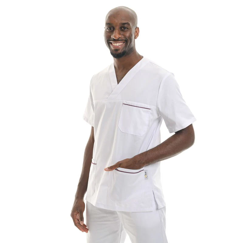Tunique Médicale Mixte Blanche Liseré Bordeaux - MANELLI - Image 3