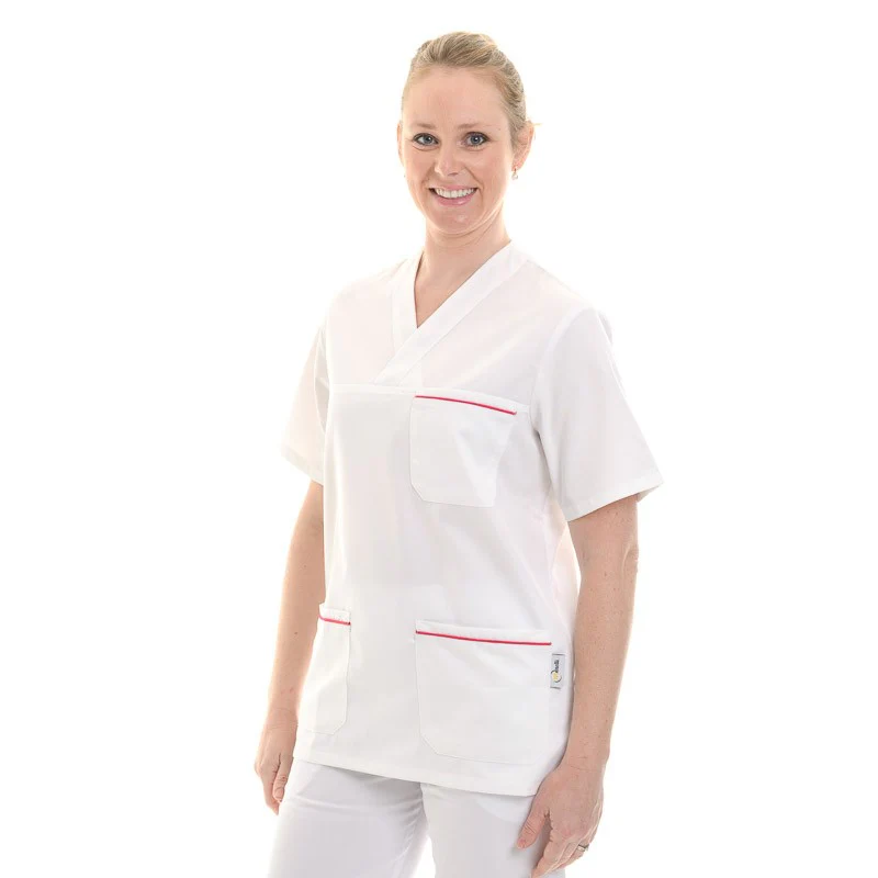 Tunique Médicale Femme Manches Courtes Blanche Col V Liseré Rose - MANELLI - Image 2