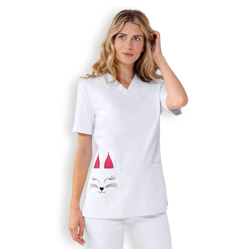 Tunique Médicale Femme Manches Courtes Blanc Motif Chat Rose - CLINIC DRESS