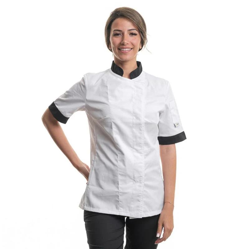 Veste Boulangère Femme Jena Blanche à Manches Courtes ou Longues Col Noir - MANELLI - Image 4
