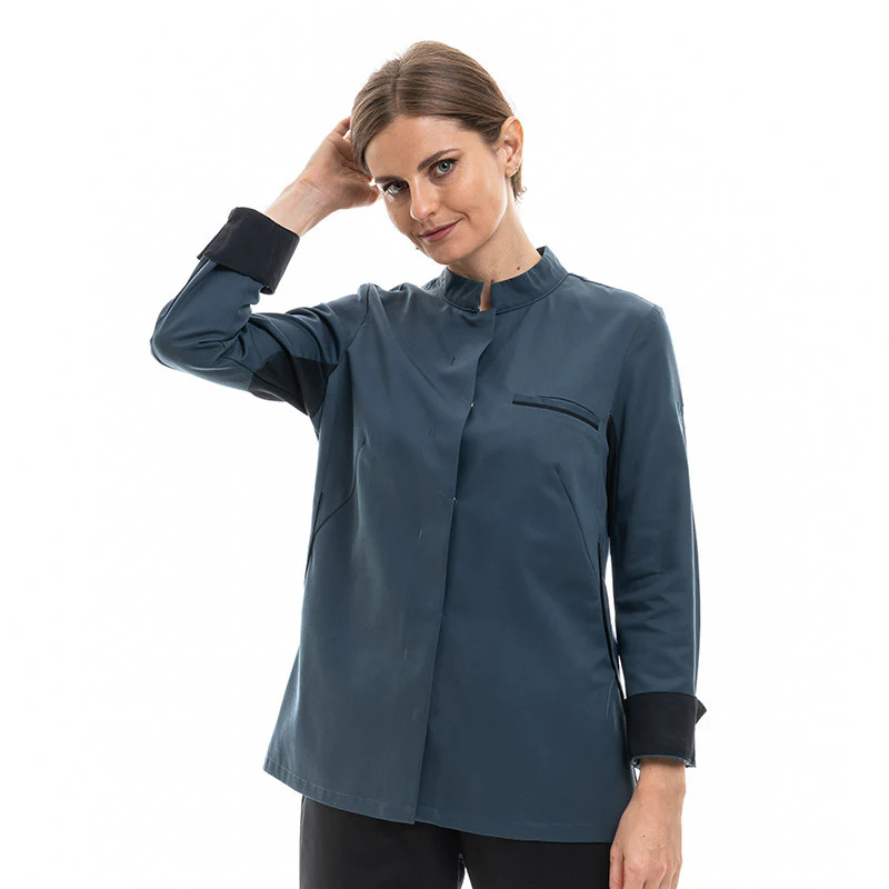 Veste Cuisine Femme Manche Longue Escale Bleu Océan Liseré Noir - ROBUR - Image 2