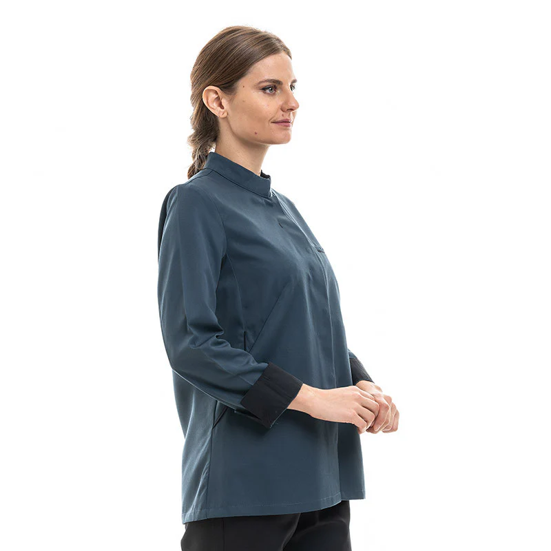 Veste Cuisine Femme Manche Longue Escale Bleu Océan Liseré Noir - ROBUR - Image 4