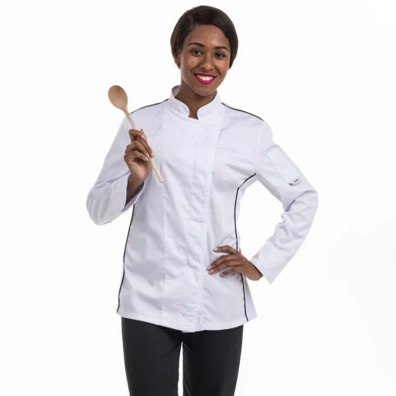 Veste de Boulangère Femme Blanche Liseré Noir Aération Côté - MANELLI