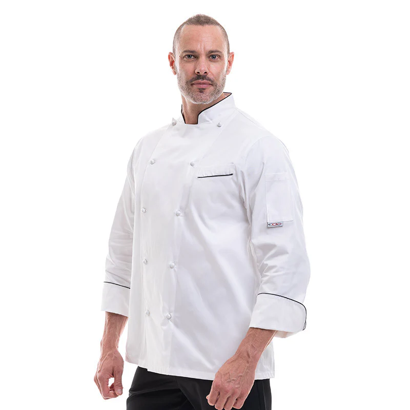 Veste de Cuisine Homme Manches Longues Andrea Piping Blanche Liseré Noir - EGOCHEF
