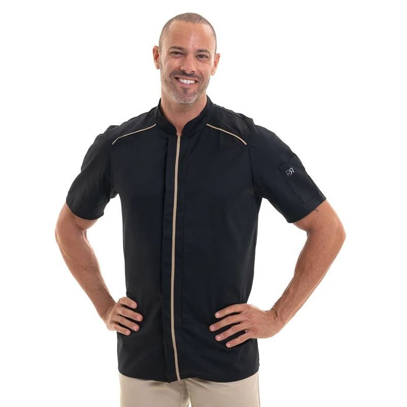 Veste de Cuisine Homme Appollo à Manches Courtes Noir Liseré Beige - ROBUR