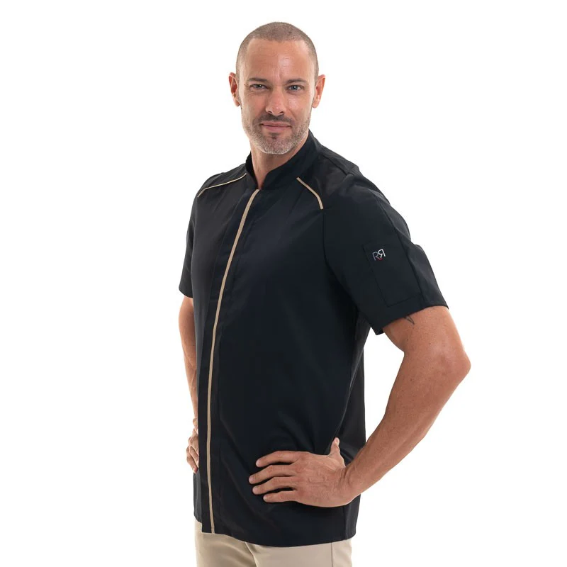Veste de Cuisine Homme Appollo à Manches Courtes Noir Liseré Beige - ROBUR - Image 2