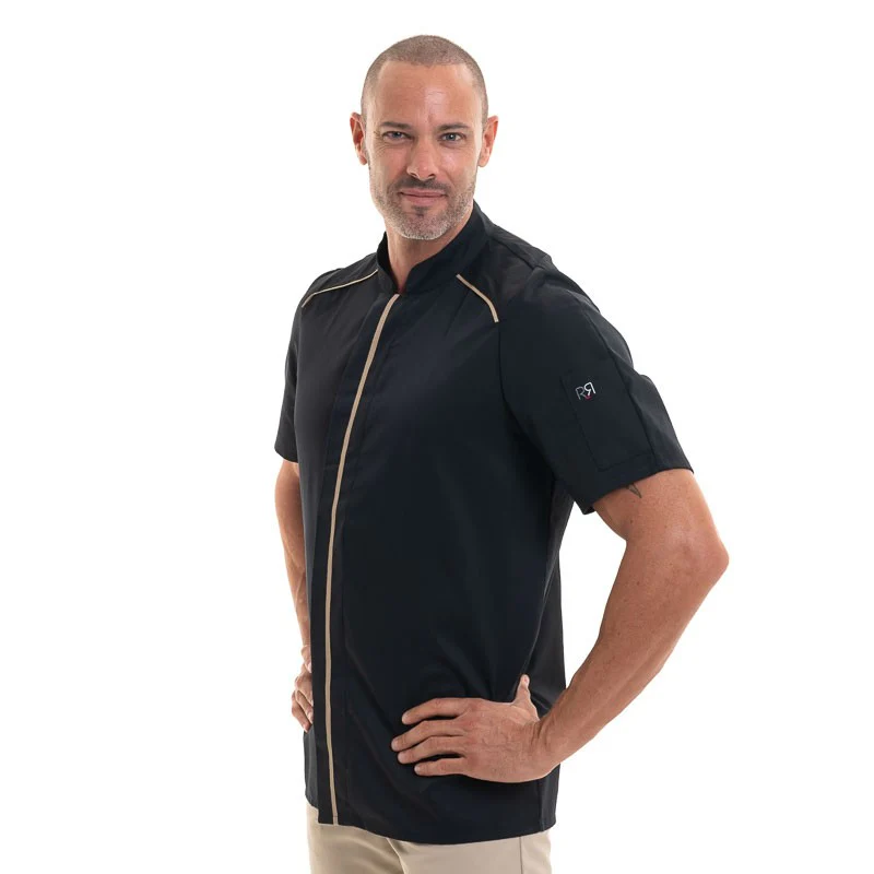 Veste de Cuisine Homme Appollo à Manches Courtes Noir Liseré Beige - ROBUR - Image 3