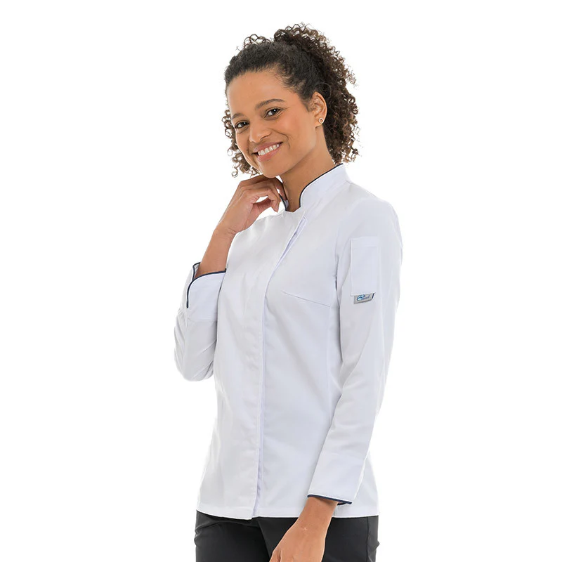 Veste de Cuisine Femme Blanche Liseré Bleu Marine - MANELLI - Image 4