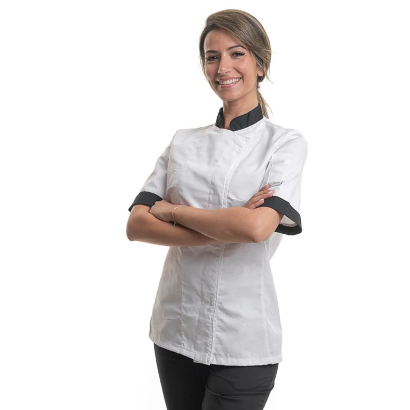 Veste de Cuisine Femme Jena Blanc Col et Revers Manches Noir - MANELLI - Image 3