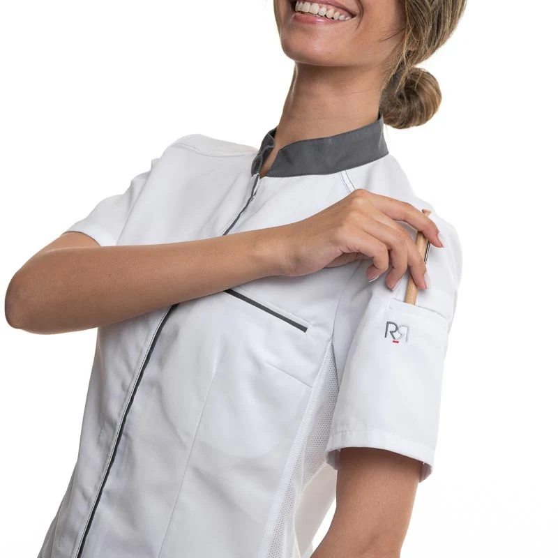 Veste de Cuisine Femme ELBAX Manches Courtes Blanc/Anthracite - ROBUR - Image 4