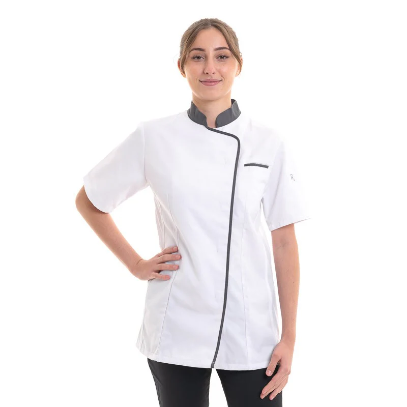 Veste de Cuisine Femme Manches Courtes Expression Blanche Liseré Noir - ROBUR - Image 5