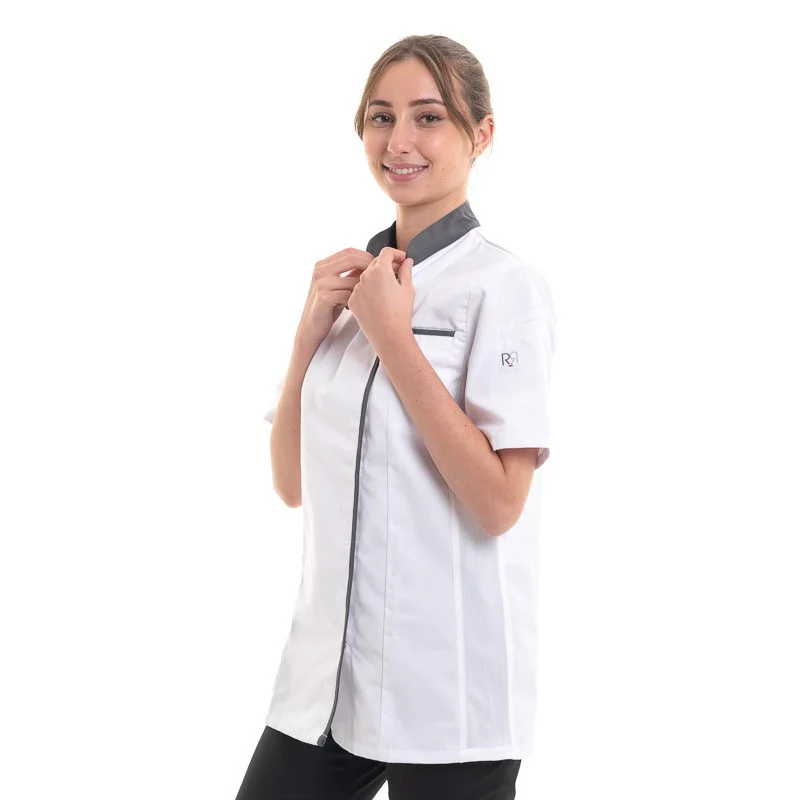 Veste de Cuisine Femme Manches Courtes Expression Blanche Liseré Noir - ROBUR - Image 6