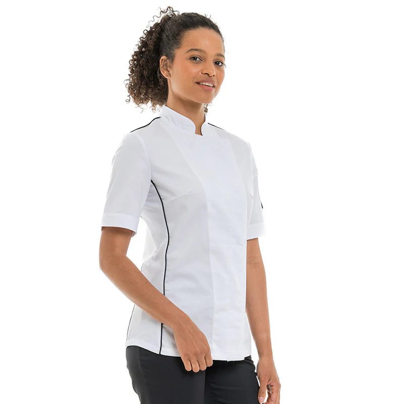 Veste de Cuisine Femme Blanche Liseré Noir Aération Côté Manches Courtes - MANELLI - Image 4