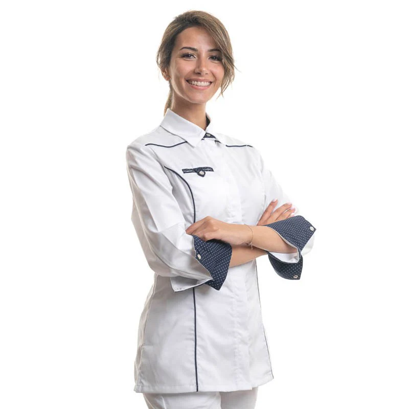 Veste de Cuisine Femme Col Chemise Bleu Marine Blanc - MANELLI - Image 2