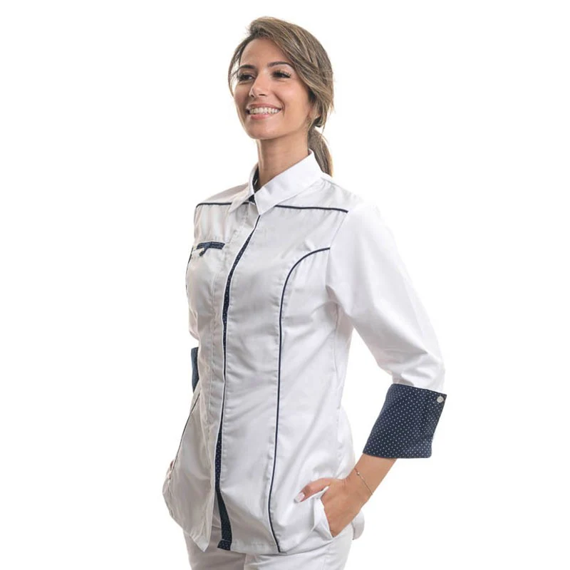 Veste de Cuisine Femme Col Chemise Bleu Marine Blanc - MANELLI - Image 3