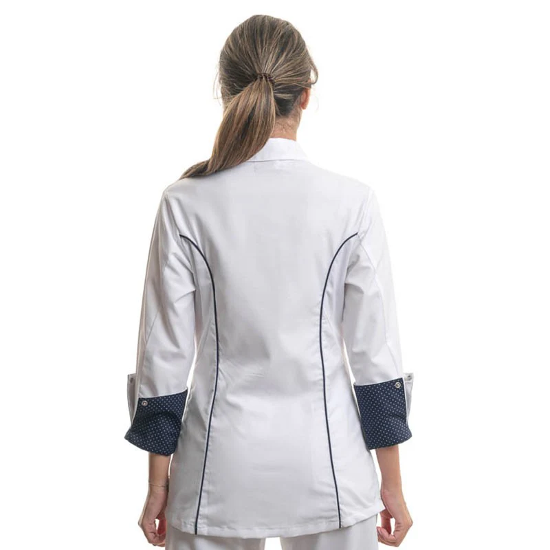 Veste de Cuisine Femme Col Chemise Bleu Marine Blanc - MANELLI - Image 4